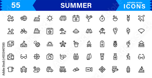 Summer Icon Set Featuring Beach, Sun, Vacation, Travel, and Fun Activities in a Fresh, Minimalist, and SEO-Friendly Vector Design