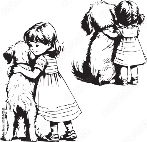 Vector illustration of a little girl hugging a dog. Heartwarming hand-drawn black and white sketch symbolizing love, friendship, and childhood bond. 