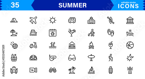 Summer Icon Set Featuring Beach, Sun, Vacation, Travel, and Fun Activities in a Fresh, Minimalist, and SEO-Friendly Vector Design