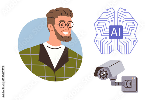 Smiling man, AI brain circuits, and surveillance camera illustrating face recognition. Ideal for technology, AI, security, privacy, innovation surveillance machine learning themes. Simple flat