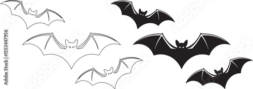 Silhouette and Outline Bat Set – Halloween Flying Bats Vector Illustration