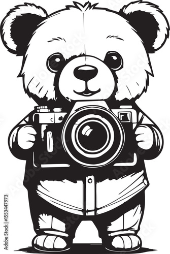 Cute cartoon bear holding a camera. Hand-drawn black and white vector illustration, perfect for photography-related designs, nursery prints, children's books, and adventure themes
