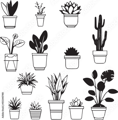 Minimalist vector collection of indoor houseplants in pots. Black and white hand-drawn illustrations of various decorative plants and succulents