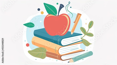Red Education Apple Symbol on Stacked Books with Graduation Cap and Pencil, Minimalist Knowledge Icon on Chalkboard Background for Academic Branding and Teacher Appreciation