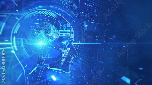 Abstract futuristic digital background with blue color, hologram head of artificial intelligence, and cyber elements for a technology concept.