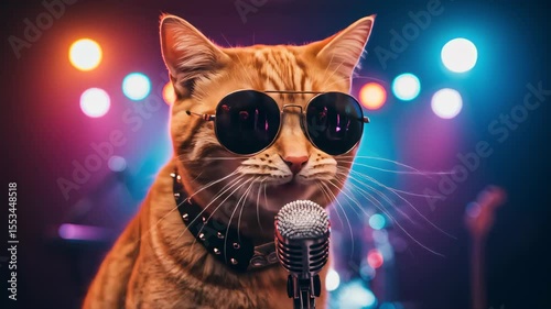 Orange Cat Singing into Microphone on Stage with Colorful Lights