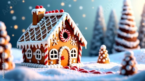 Festive gingerbread house in snowy winter landscape