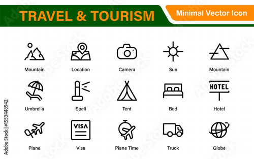 Travel outline icons set. Travel, hotel, holiday, tourism, beach, plane, map, agent and insurance. Booking, reservation, room, airport, accommodation.
