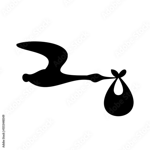 Flying Stork Carrying Baby Bundle Silhouette Icon