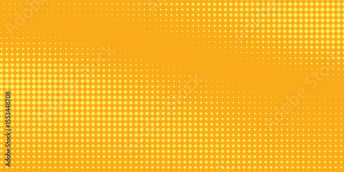 Yellow orange halftone pattern. Retro comic gradient background. Square pixilated dot cartoon texture. Pop art faded gradient pattern. Eps 10.