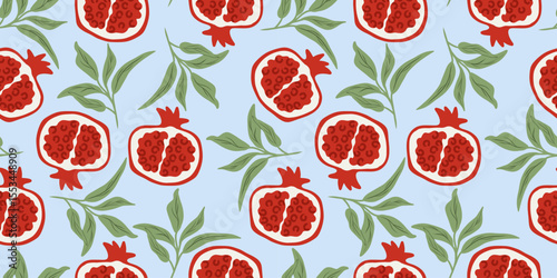 Pomegranate seamless pattern, hand drawn vector fruit background with leaves, juicy red garnet halves on light blue, flat illustration for textile, wrapping paper, kitchen decor, summer design