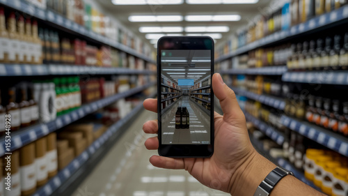 Hand holds phone displaying supermarket aisle perspective in a retail store