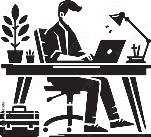  A minimalist illustration showing a person seated at a desk using a laptop, emphasizing productivity and focus in a workspace setting