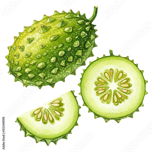Vibrant Watercolor Illustration Presenting Two Halved Naranjilla Fruits Showcasing Their Juicy Orange Pulp Pale Seeds And Fresh Green Rinds In A Clean Inviting Composition