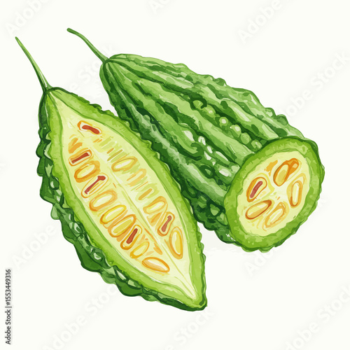 Detailed Watercolor Painting Showcases A Sliced Bitter Melon With Its Textured Green Skin Revealing Seeds And The Soft Interior Alongside An Uncut Melon Presented On A White