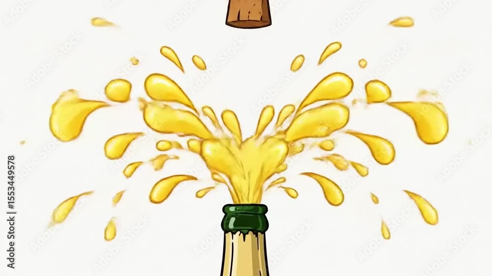 Champagne bottle bursting open with cork flying and golden liquid splashing, festive celebration scene