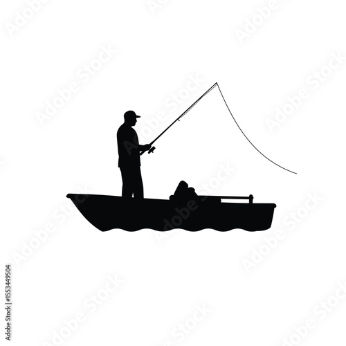 Silhouette of a Fisherman in a Boat, Fishing on Calm Waters