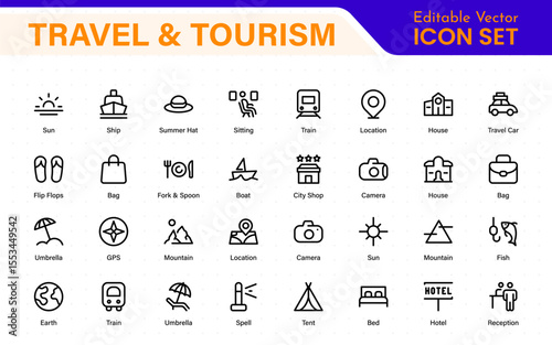 Travel outline icons set. Travel, hotel, holiday, tourism, beach, plane, map, agent and insurance. Booking, reservation, room, airport, accommodation.