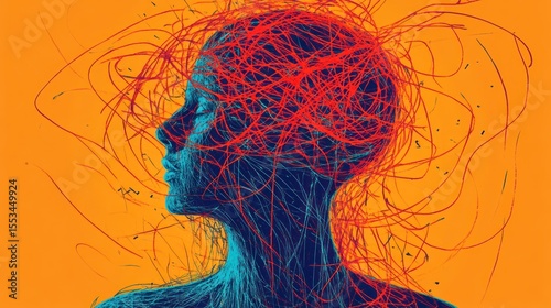 Profile of a blue woman with red lines swirling around her head on orange background