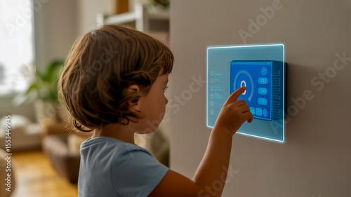 Child interacts with touchscreen smart home automation control system