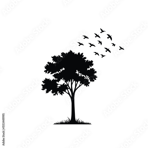 Silhouette of a Tree and Birds Taking Flight Nature Illustration