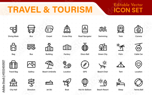 Travel outline icons set. Travel, hotel, holiday, tourism, beach, plane, map, agent and insurance. Booking, reservation, room, airport, accommodation.