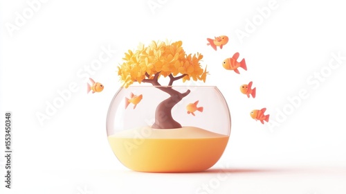 Round glass bowl, yellow, bonsai, orange fish, floating