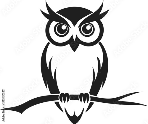 Cute wise brown owl character sitting on a tree branch with big eyes, a funny cartoon animal vector illustration