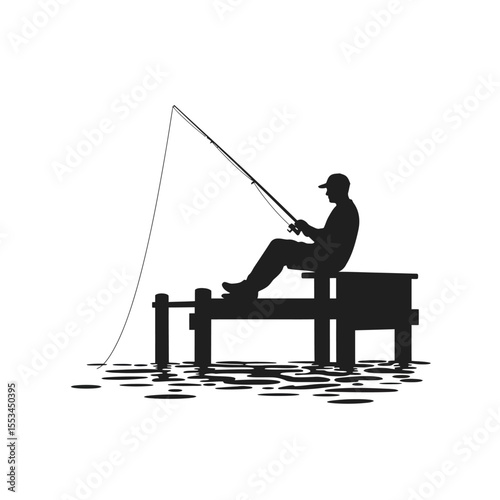 Silhouette of a Fisherman on a Dock, Peaceful Fishing Scene Illustration