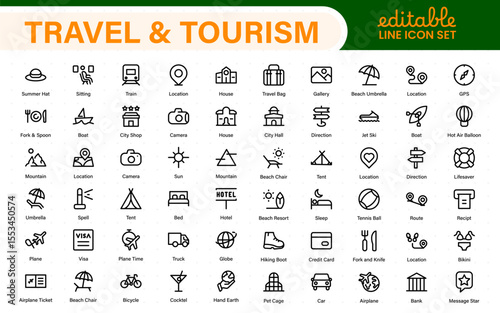 Travel outline icons set. Travel, hotel, holiday, tourism, beach, plane, map, agent and insurance. Booking, reservation, room, airport, accommodation.