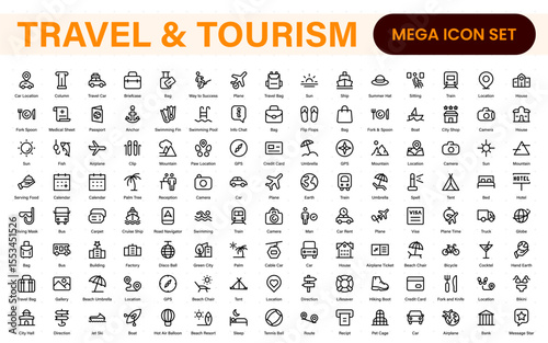 Travel outline icons set. Travel, hotel, holiday, tourism, beach, plane, map, agent and insurance. Booking, reservation, room, airport, accommodation.