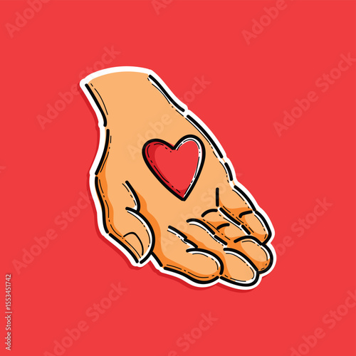 Illustration of a Hand With a Heart Symbol on Bold Red Background