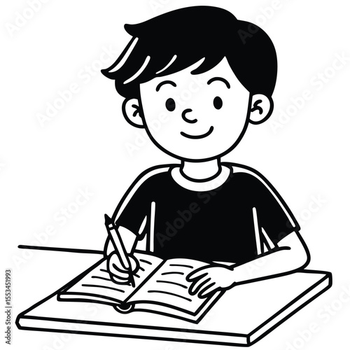 A black and white digital illustration of a cartoon boy. He has black hair and is wearing a black t-shirt. The boy is sitting at a desk, looking forward with a slight smile.