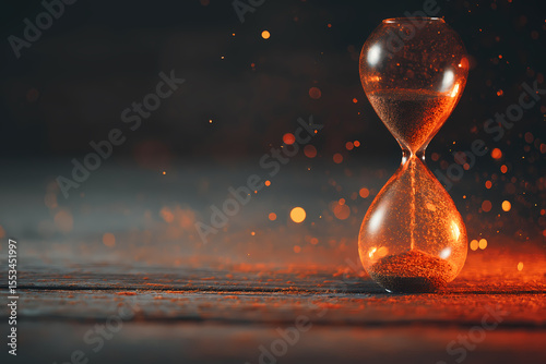 Surreal Hourglass on Weathered Wooden Desk　Time's Up Collapse: Dramatic Antique Analog Clock Melting into Molten Lava