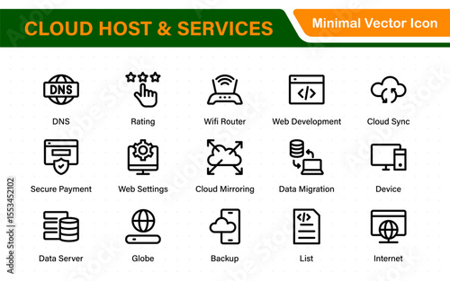 Set of web hosting and cloud services icons. Linear style icon bundle.Outline icon collection.