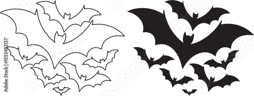 Silhouette and Outline Bat Set – Halloween Flying Bats Vector Illustration