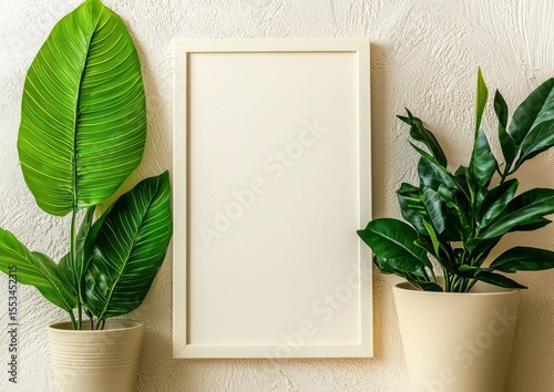 Minimalist Frame Surrounded by Green Plants on Textured Wall