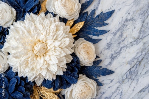 Elegant Floral Arrangement with White and Blue Flowers on Marble Surface