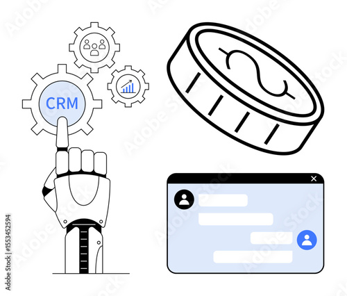 Robotic hand pressing CRM gear among analytics icons, digital coin, and chat window. Ideal for automation, CRM, AI, business tech, fintech, digital marketing and simple landing page