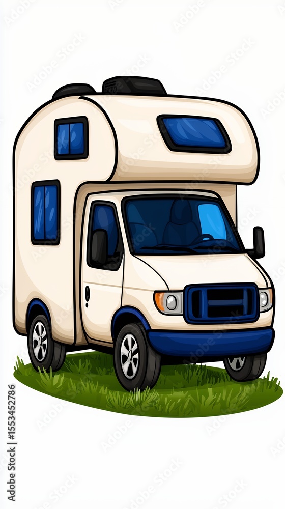 Naklejka premium Cream and Blue Pixel Art Camper Van Illustration on Grass