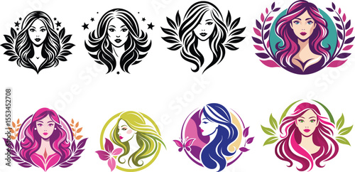 Beautiful girl face logo, beauty salon and spa logo set vector illustration