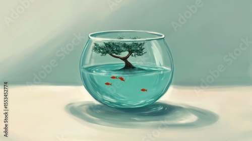 Glass bowl with bonsai tree and fish