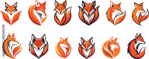 Abstract Fox Head and Tail Logo Set Vector Illustration