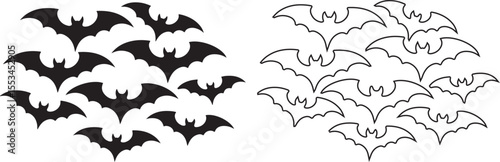 Silhouette and Outline Bat Set – Halloween Flying Bats Vector Illustration