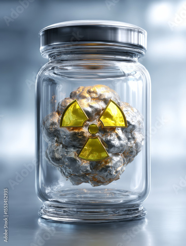 Realistic radioactive material sealed in transparent lead-glass container with hazard labels