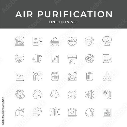 Air Purification Line Icon Set – Filter, Clean, Fresh, Pollution, PM2.5, Ionizer, Home, Minimal Vector Collection