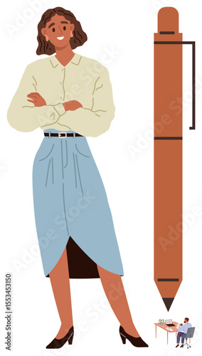 Woman in business attire standing near large pen, symbolizing productivity and innovation. Ideal for creativity, leadership, office culture, motivation, business growth, workplace diversity, simple