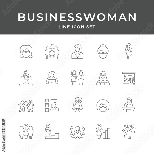 Businesswoman Line Icon Set – Female, Leader, Office, Manager, Success, Team, Career, Minimal Vector Collection