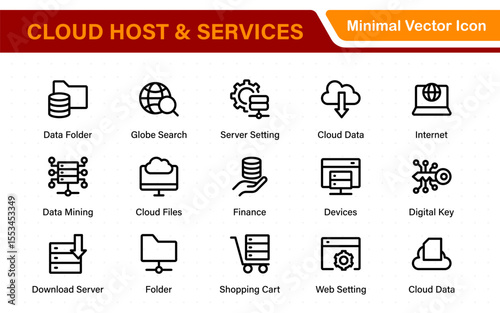 Set of web hosting and cloud services icons. Linear style icon bundle.Outline icon collection.