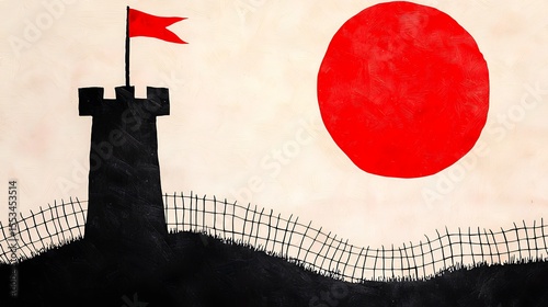 Dark Castle Tower Silhouette Under Red Sun Minimalist Illustration